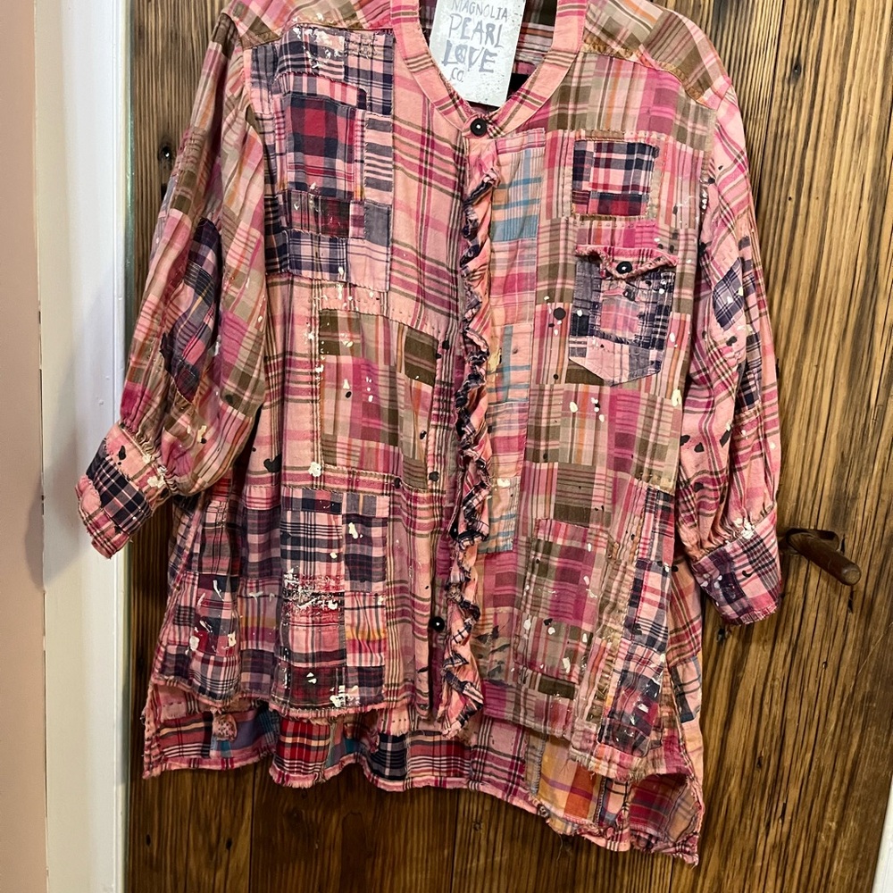Magnolia Pearl Idgy Pink Plaid Ruffle Shirt